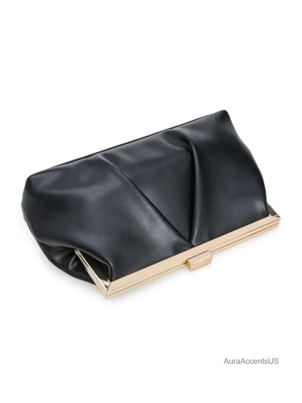 Faux Leather Ruched Metal Frame Clutch Evening Bag with Pearl Strap